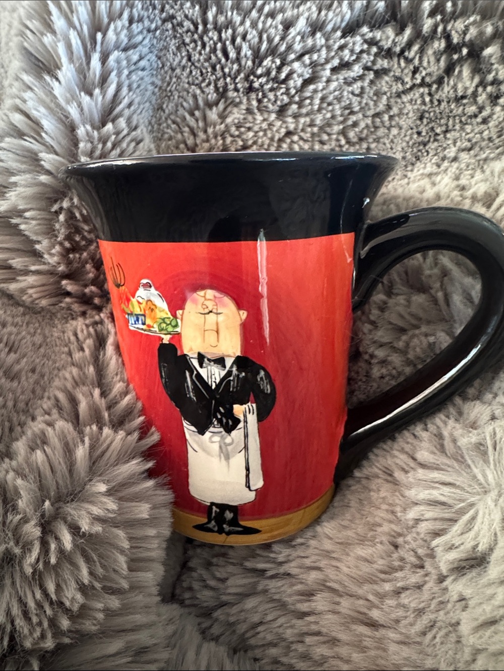 Certified International Red and Black Waiter Ceramic Mug “Dinner is Served”